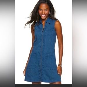 SHARGANO 90s sleeveless, denim zip down dress, collar, deep pockets,